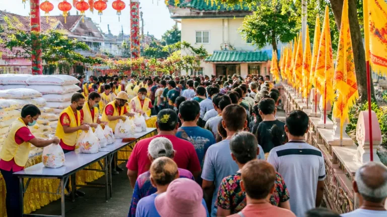 ประชาชนตราดแห่รับข้าวสารวันสิ้นสุดกินเจกว่า 2,000 คน ข้าวหมดใน 20 นาที สะท้อนปัญหาเศรษฐกิจท้องถิ่น